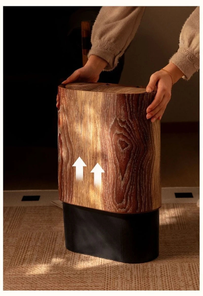 Wood Grain Trash Can with Lid Bathroom Litter Bins Large Capacity Wastebasket Living Room Toilet Retro Household Recycle Bin
