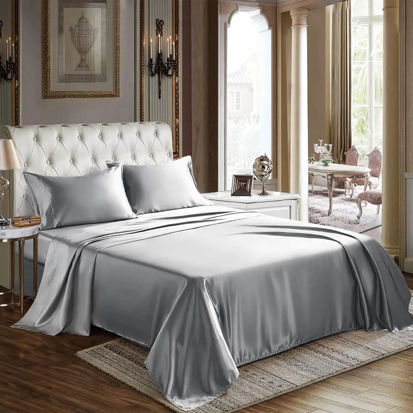 Satin Sheets Queen Size 4 Piece Bed Sheet Set with Silky Deep Pocket Fitted Sheet Flat Sheet and 2 Pillowcases