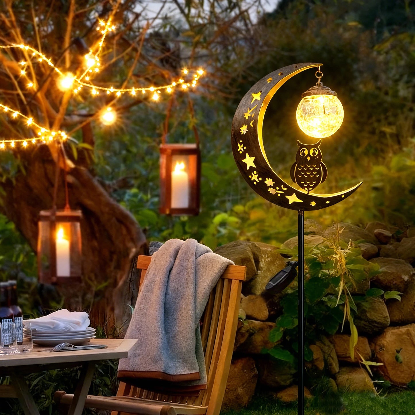 Solar Moon Ground Light With Decorative Owl And Glass
