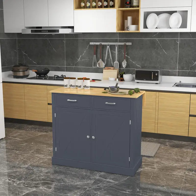 HOMCOM Rolling Kitchen Island with Drop Leaf Wood Breakfast Bar, Farmhouse Kitchen Cart with 2 Drawers, Adjustable Shelves for Dining Room, Dark Gray