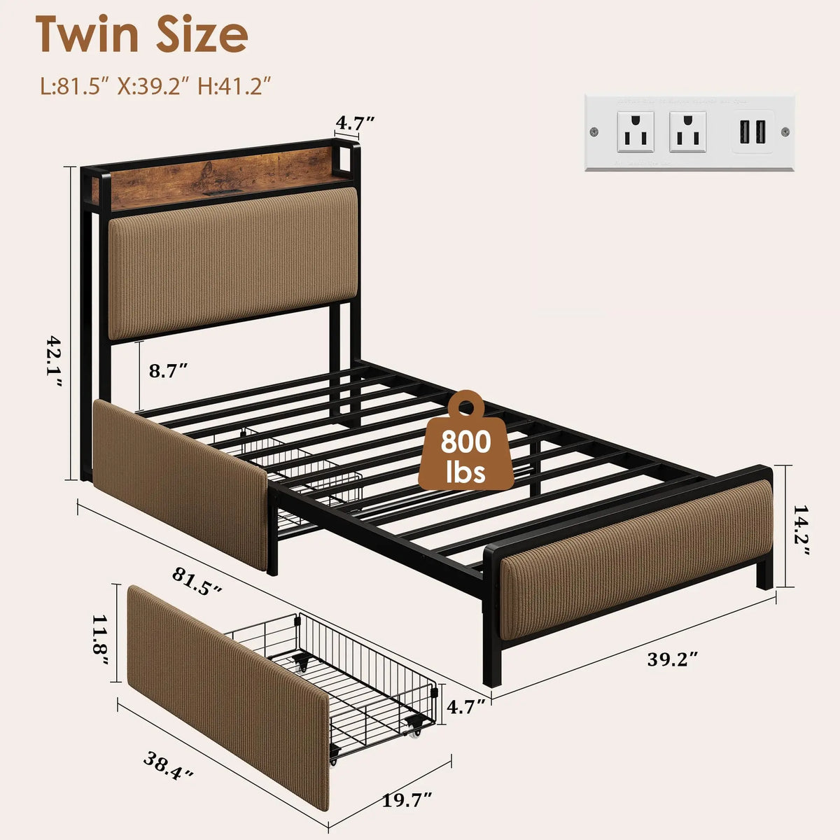Mid Century Modern Platform Bed Frame With Charging Station