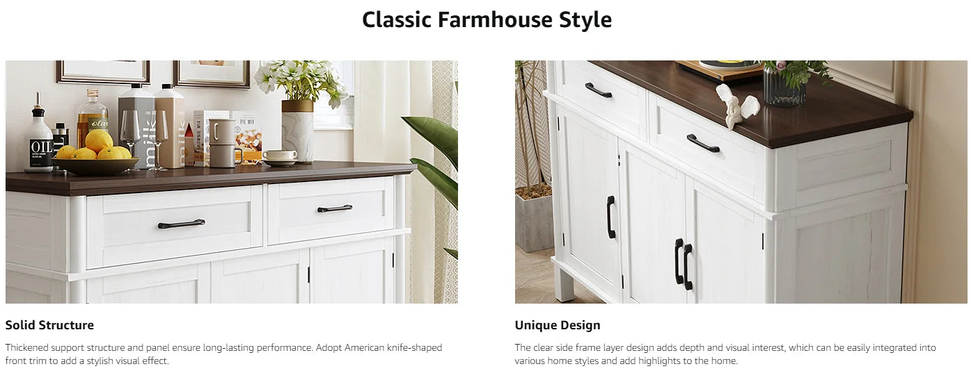 48 Inch Farmhouse Buffet Cabinet with 3 Doors & 2 Drawers, Wood Coffee Bar Storage Cabinet Adjustable Shelves for Kitchen Living Room