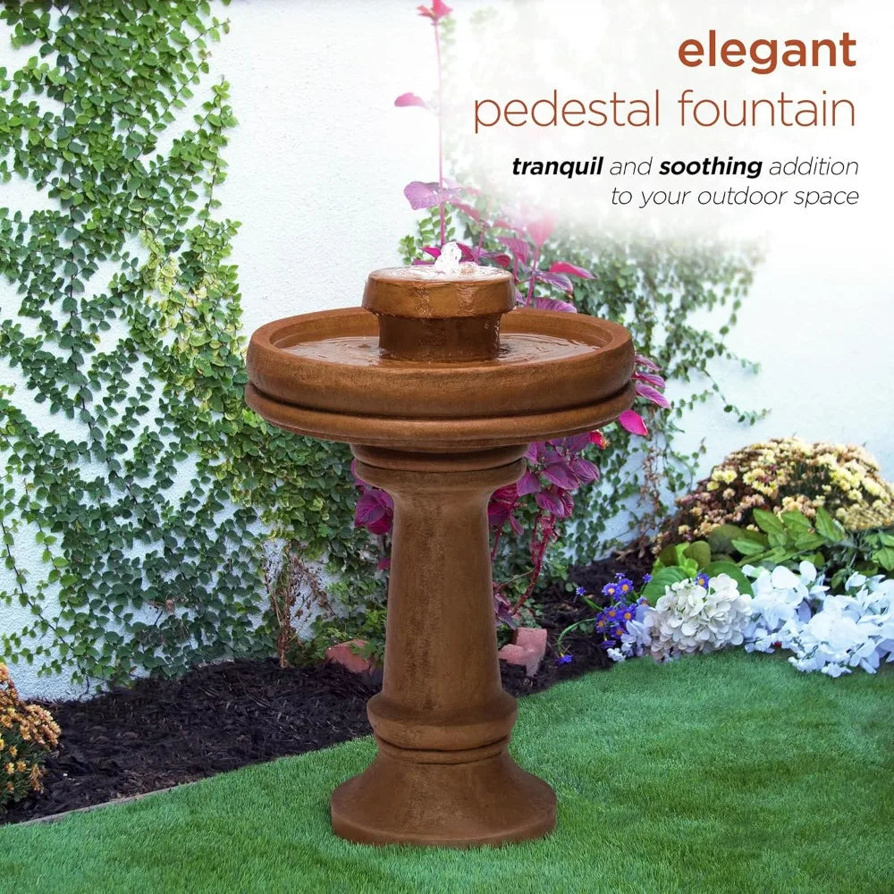 Outdoor Floor Vintage Pedestal Water Fountain with Bird Bath and LED Lights, 29, Brown