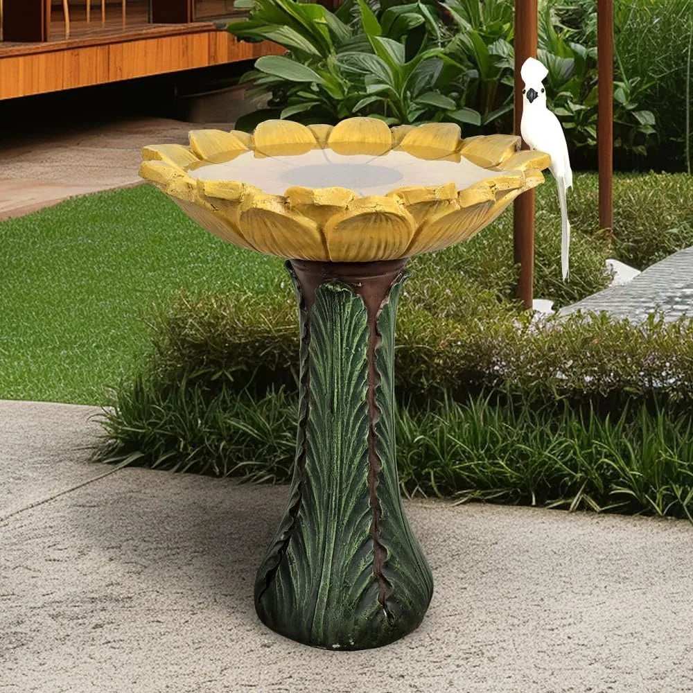 24.4” Tall Outdoor Concrete Bird Bath - Sunflower Birdbath Bowl with Green Leaf Pedestal for Garden, Patio, Lawn