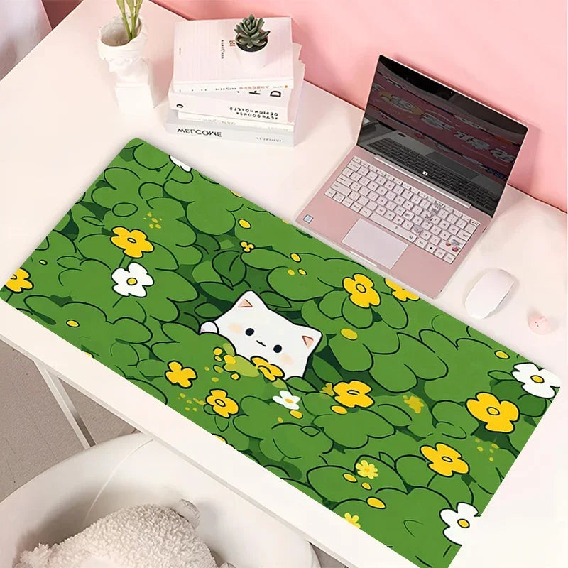 Clouds Black Cat Mouse Pad PC Green Plants Flower Gaming Keyboard Rug Laptop Kawaii Anime Gamer Cabint Mousepad Cute Desk Mat