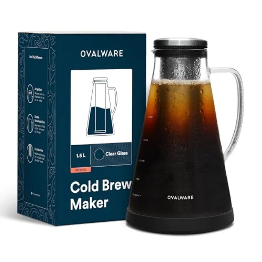 Airtight Cold Brew Iced Coffee Maker Pitcher and Iced Tea Maker with Spout 1.5L/ 51oz Brewing Glass Carafe with Removable Stain