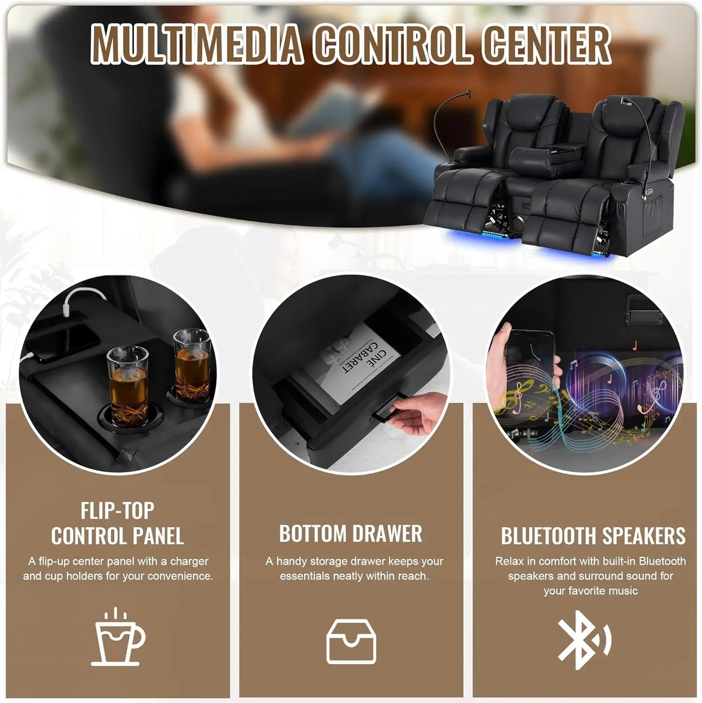 Power Recliner Loveseat for Living Room, Loveseat Sofa with Center Console, USB Type-C Port, PU Leather Chair with, Customized