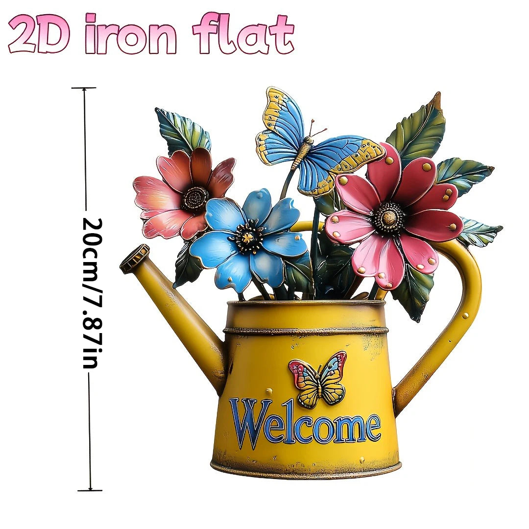 2D Flat, 1pc Rustic Iron Watering Can with Flowers & Butterflies Wall Art - Print Metal Outdoor Decor for Porch, Patio, Garden