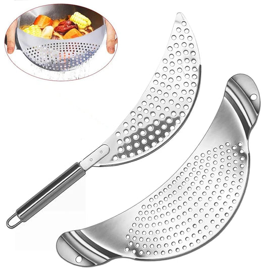 2 Pieces Pot Strainer with Handle Stainless Steel Colander Pasta Drainer Pan Pot Strainer with Recessed Hand Grips Fits up to 9"