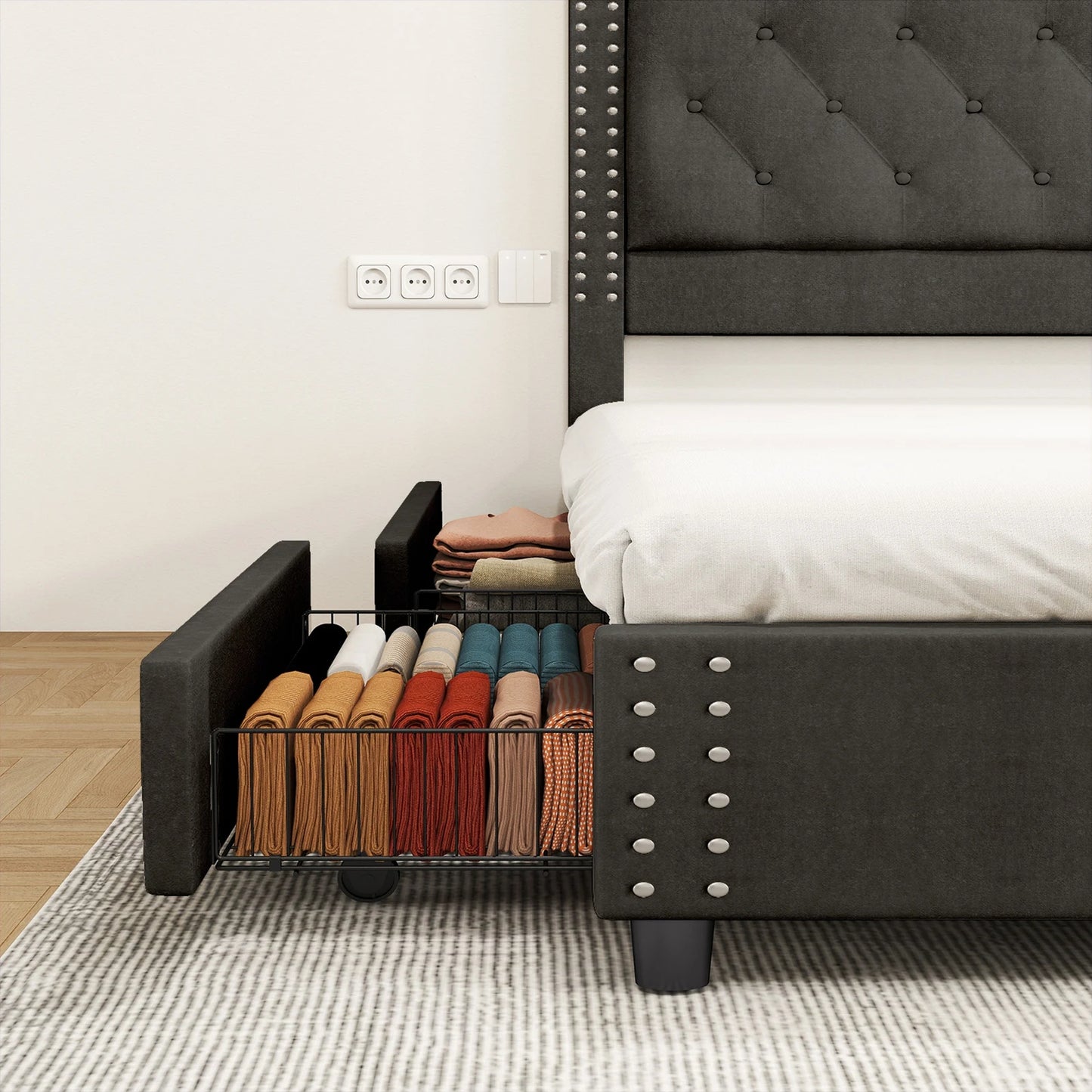 81.50×55.12×48.43inch Full Size Bed Frame w Upholstered Button Tufted Headboard Wood Slat Support Metal Platform Bed Frame