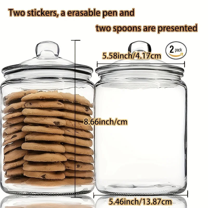 2pcs Glass Pantry Jar with Clamshell Lid for Pantry And Kitchen Countertops - Hand Washed, Reusable Round Container for Biscuits, Candy, Pasta - 1 Set Of 2pcs