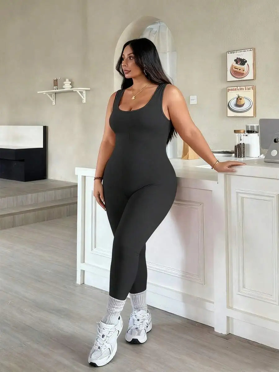 Rhythm Era 1pc Plus Size Black Backless Jumpsuit, Comfortable Stretchy Seamless Knit Yoga & Fitness Activewear