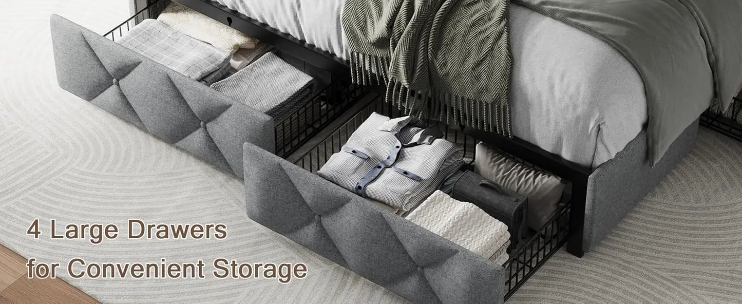 Bed Frame with 4 Storage Drawers and Charging Station Upholstered Platform Bed Frame with Storage Headboard No Box Spring Needed