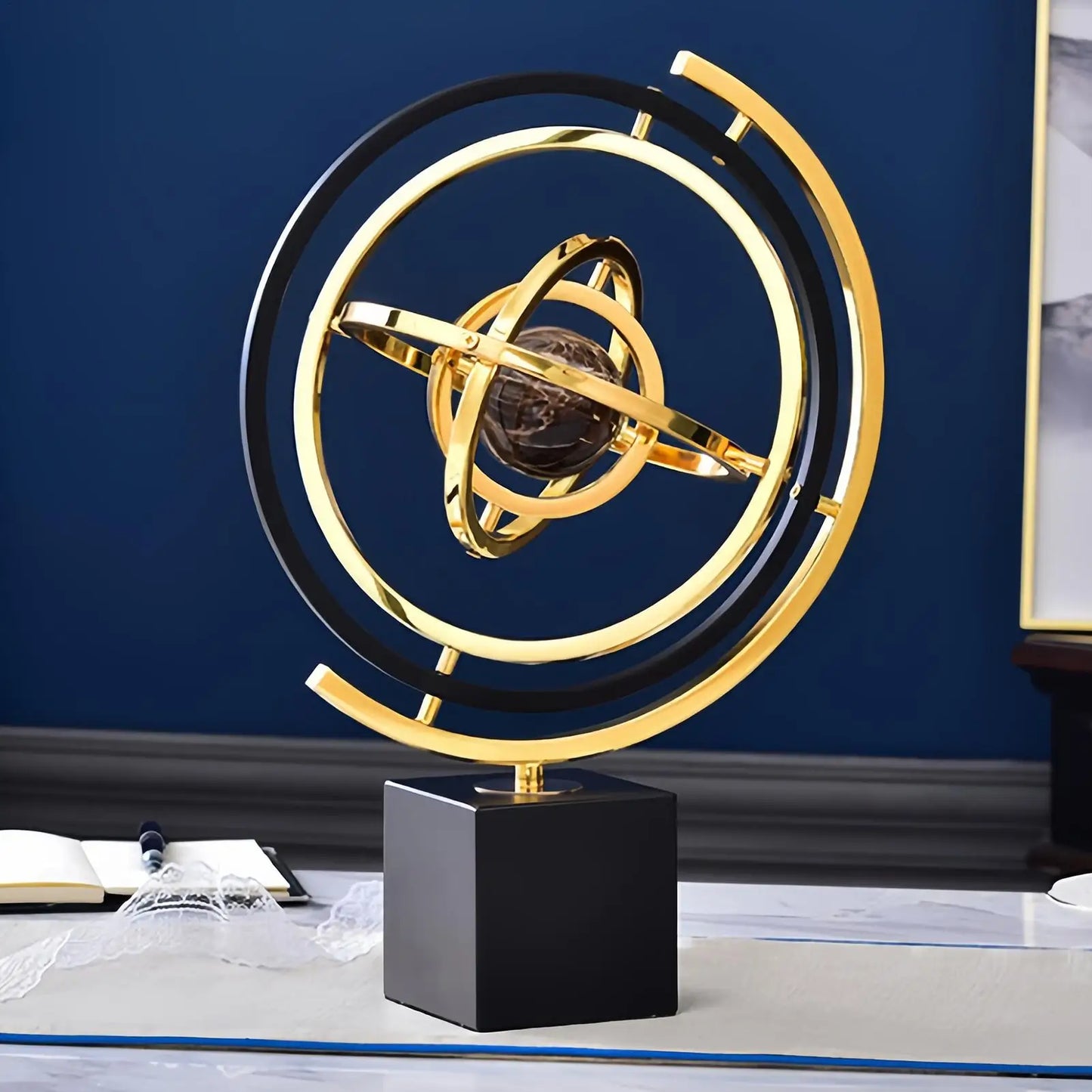 360 Rotating Metal Globe Sculpture Abstract Rotating Tabletop Abstraction Globe With Rectangular Base For Home Office Art Deco