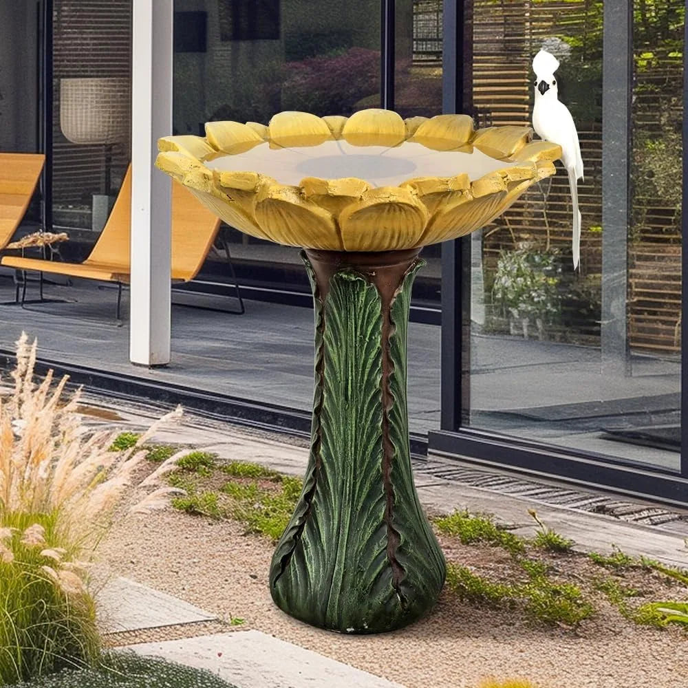 24.4” Tall Outdoor Concrete Bird Bath - Sunflower Birdbath Bowl with Green Leaf Pedestal for Garden, Patio, Lawn