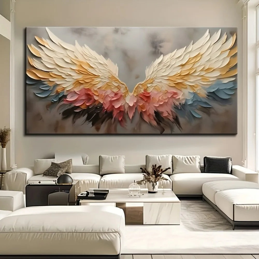 Vibrant abstract angel wing wall art - colored canvas mural, pine frame, ideal for living room,bedroom, hallway 1.5 inches thick