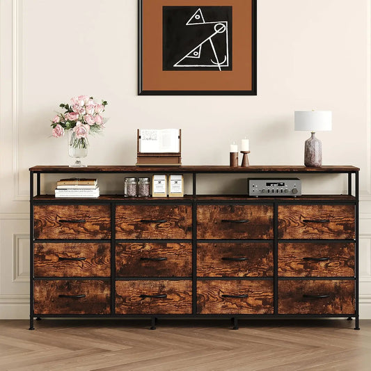 63 Inch Long Dresser For Bedroom With 12 Drawers And 2 Open Cubbies MDF Top And Steel Frame Sturdy Large Chest Of Drawers Also Functions As TV Stand For 65 To 75 Inch TV