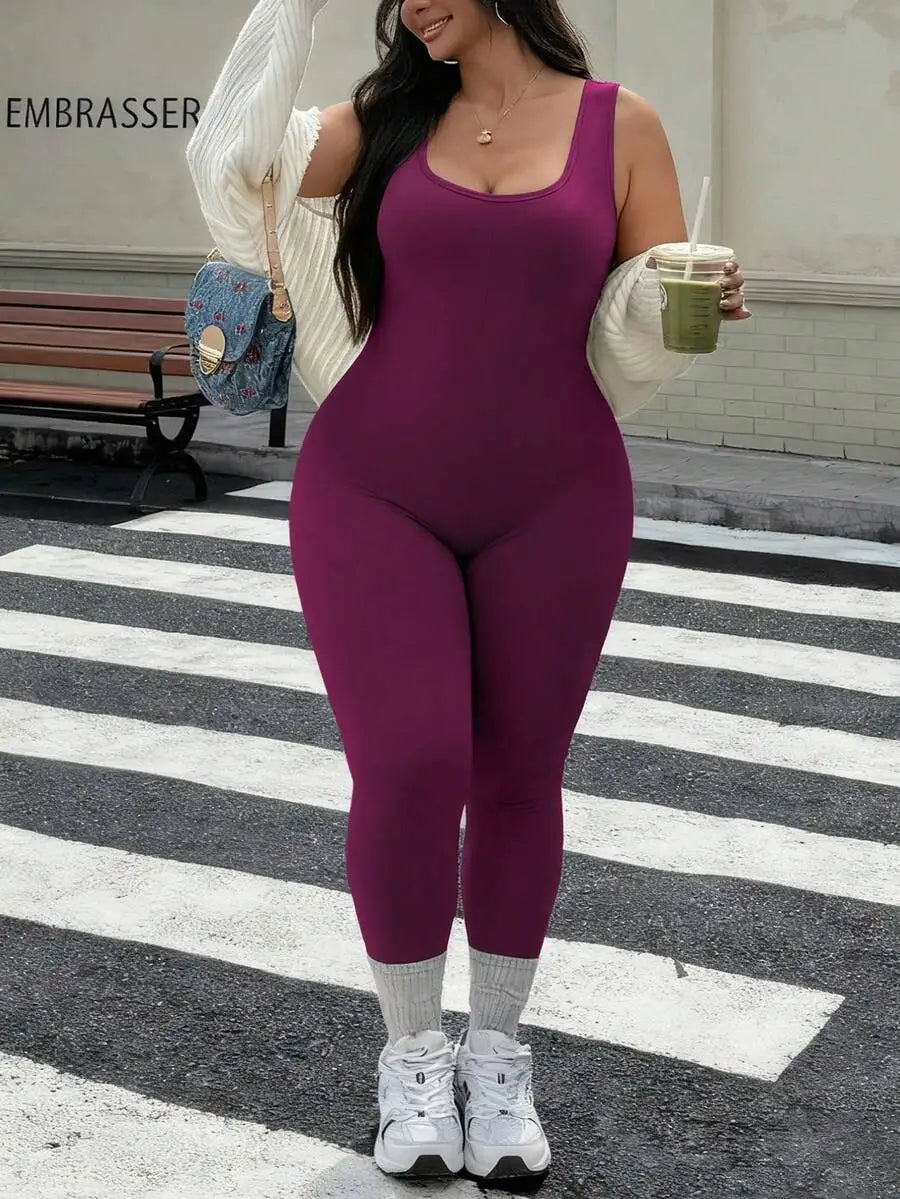 Rhythm Era 1pc Plus Size Black Backless Jumpsuit, Comfortable Stretchy Seamless Knit Yoga & Fitness Activewear