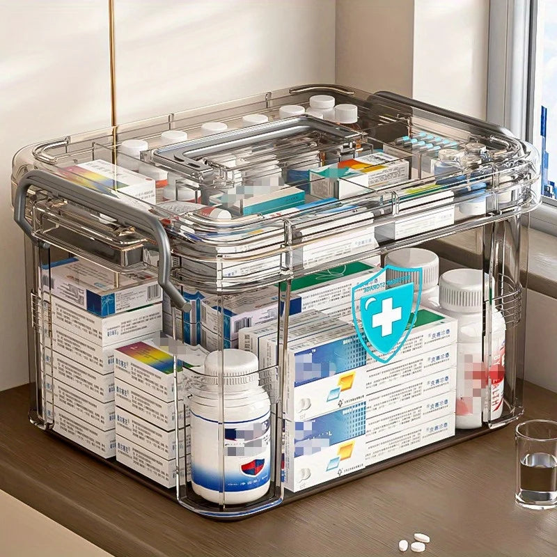 Clear Medicine Organizer Storage Box with Tray, Thickened Medicine Container Chest, Multipurpose Medical Case with Labels