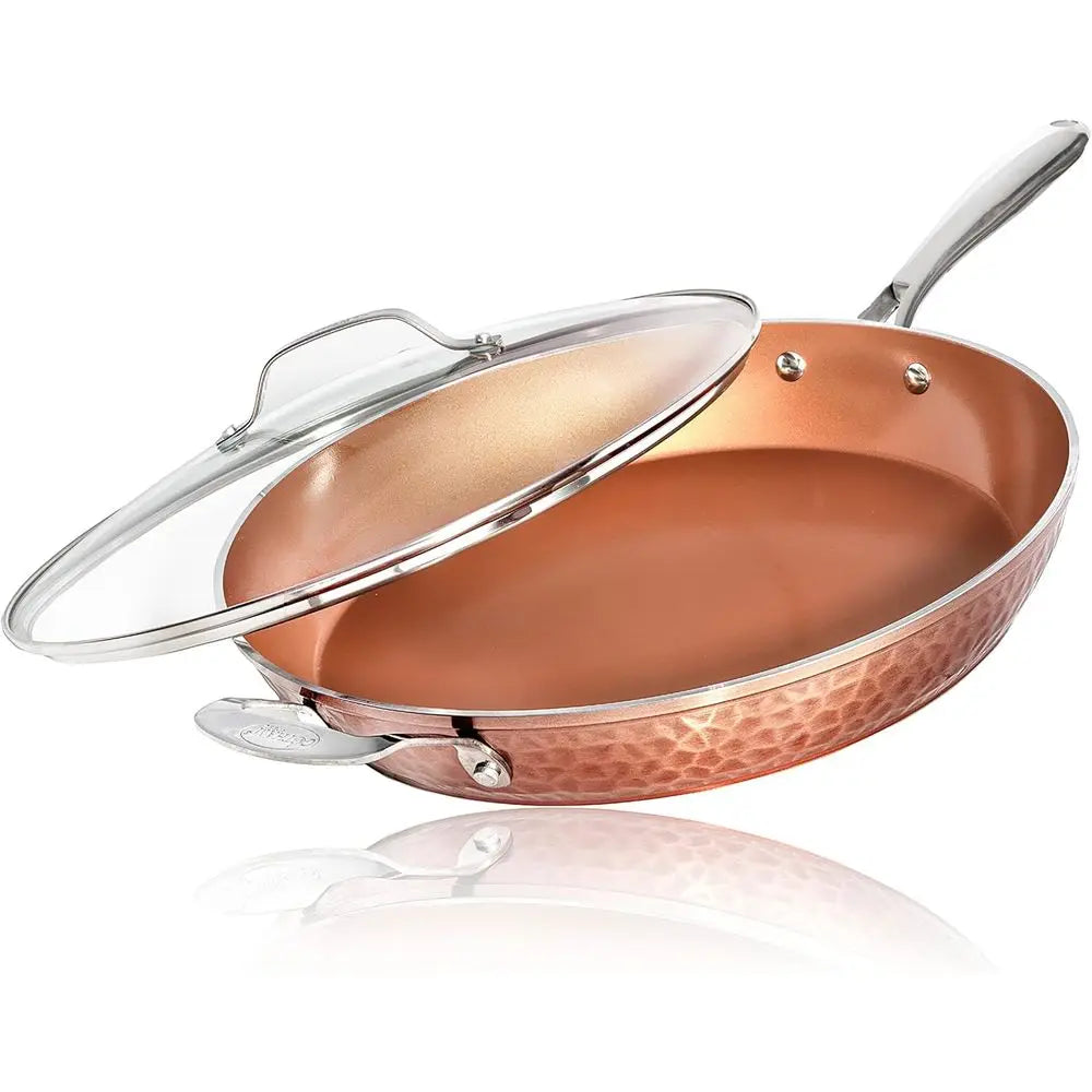 Hammered Copper 14 Inch Non Stick rying Pan with Lid, Nonstick rying Pan with Ceic Coating and Induction Plate or Even Heating,