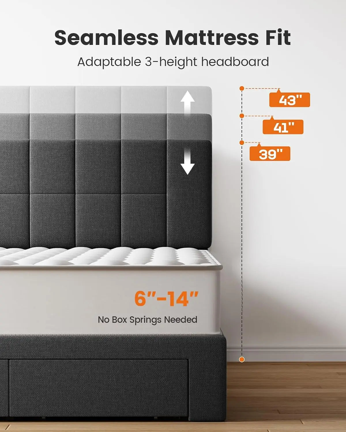 Full Size Solid Wood Platform Bed Upholstered Headboard 2 Storage Drawers 12 Sturdy Legs Fit 6"+ Mattress, Custom