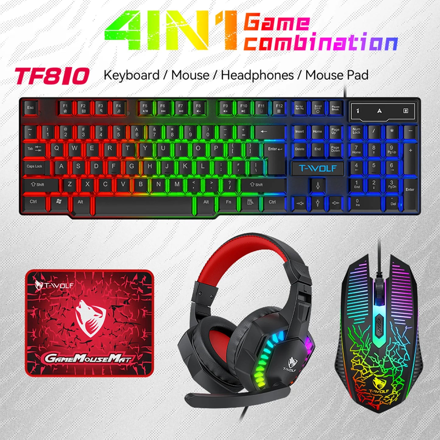 USB Keyboard And Mouse Gaming Headset Combos 4 In 1 English Gaming Wired RGB Keyboard Mouse Set With Mouse Pad and Headphones
