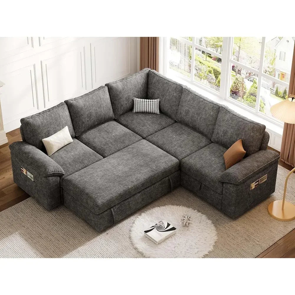 85 Inch ular Sectional Soa with Pull Out Bed,L Shaped 5 Seat Sectional Sleeper Soa with Storage,Sectional Couches or Living Room