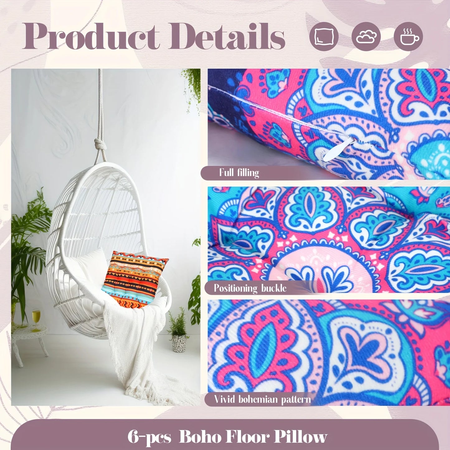6pcs Bohemian Floor Pillows Seating 15 Inch Boho Floor Cushions Sitting Pillows for The Floor Square Yoga Mandala Meditation Pou