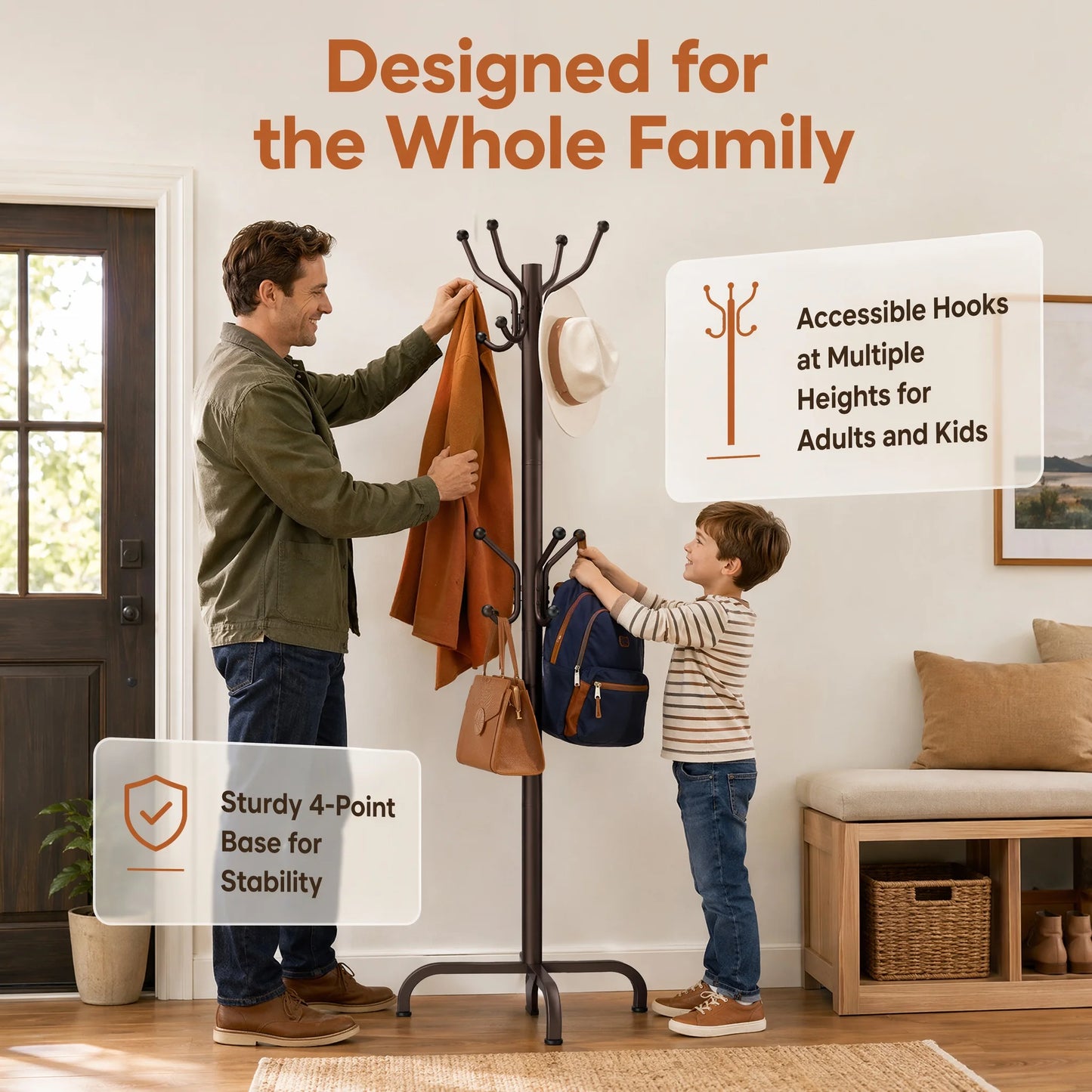 1/2Pcs Coat Rack with 14 Hooks, Freestanding Coat Rack Stand for Entryway, Hallway, Bedroom, and Office, Metal Coat Tree & Hat Rack for Coats, Hats, and Bags