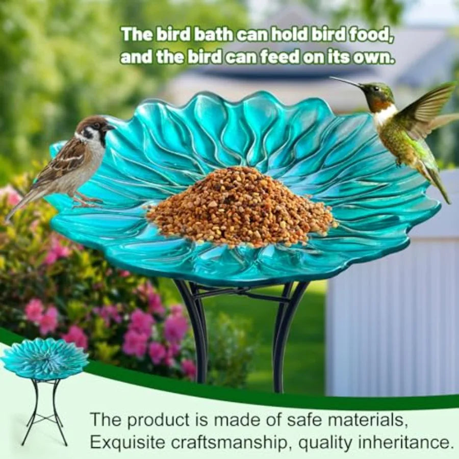 Bird Bath for Outside15" Diameter Large Glass Birdbaths for Outdoors Detachable Bird Baths Bowl with Metal Stand for Garden Pat