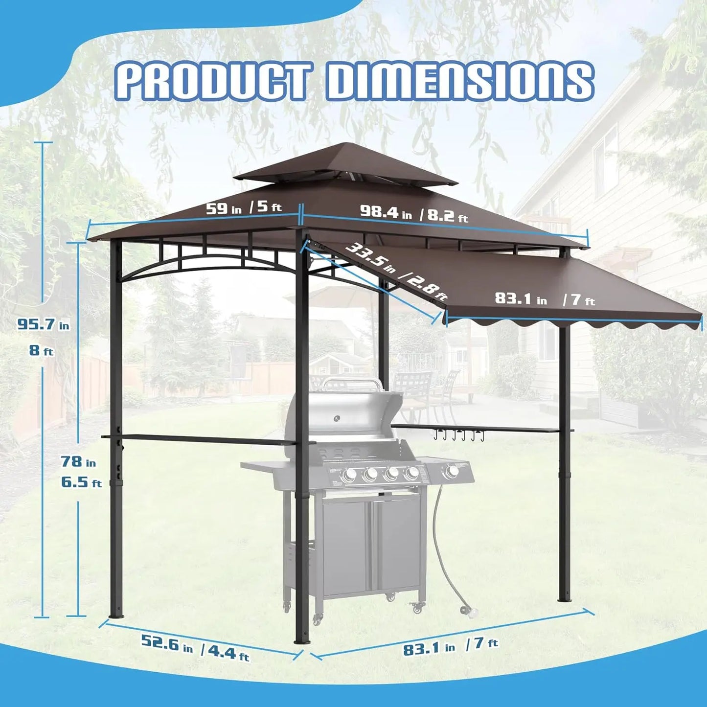 8x8x5 FT BBQ Grill Gazebo Outdoor, Double Tired Patio Canopy Tent with Side Awning Shelves, Barbecue Shelter with, Customized