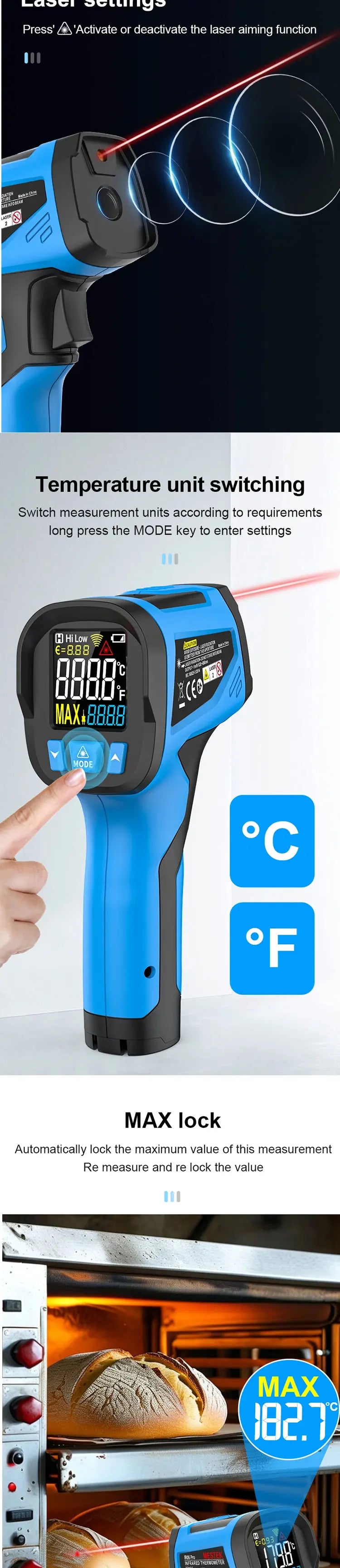 -50 to 800 Degree Mestek Digital Infrared Thermometer Laser Temperature Meter Non-contact Pyrometer Hygrometer IR Thermometer