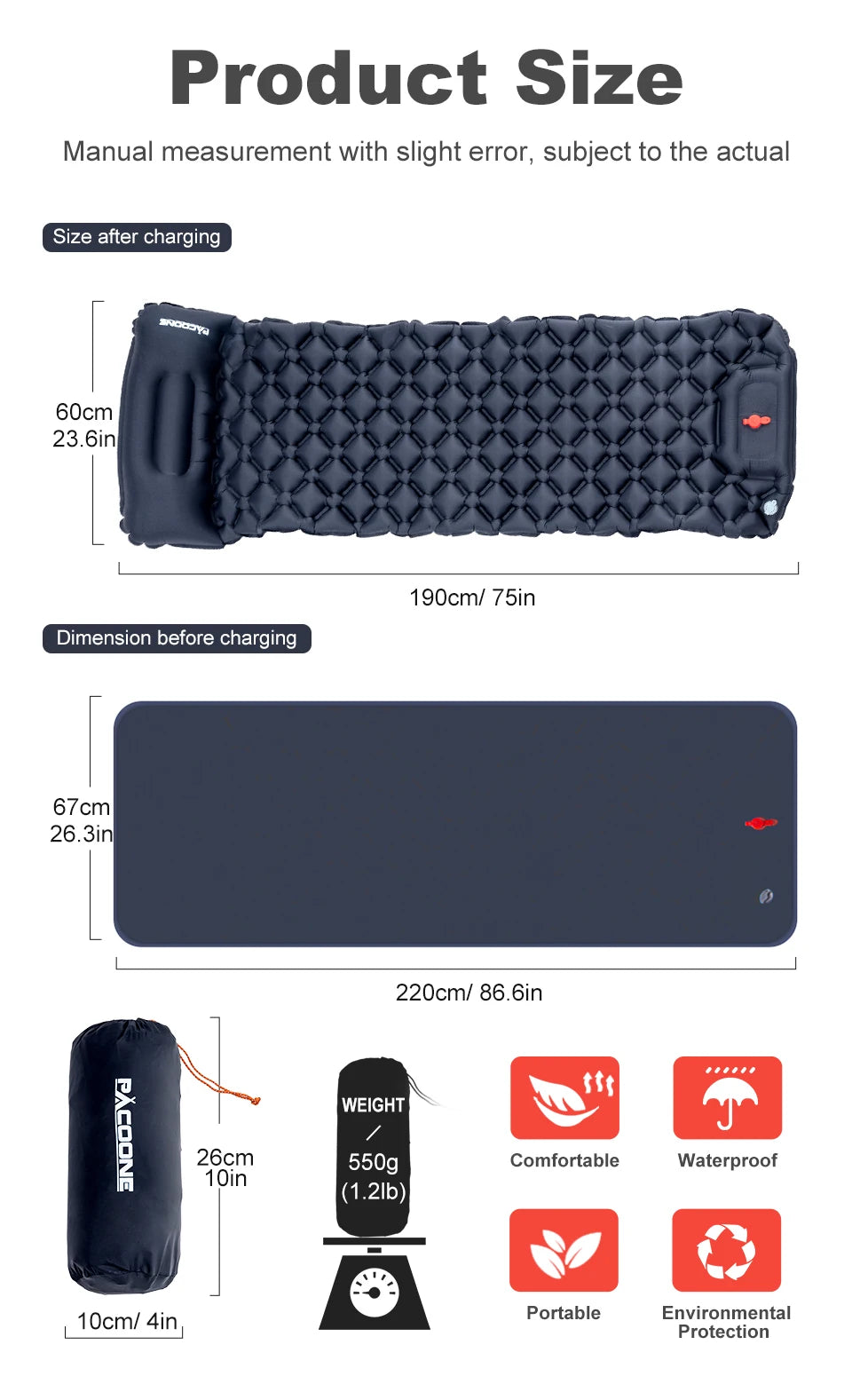 PACOONE Outdoor Sleeping Pad Camping Inflatable Mattress Built-in Pump Ultralight Air Cushion Travel Mat With Headrest For Trave