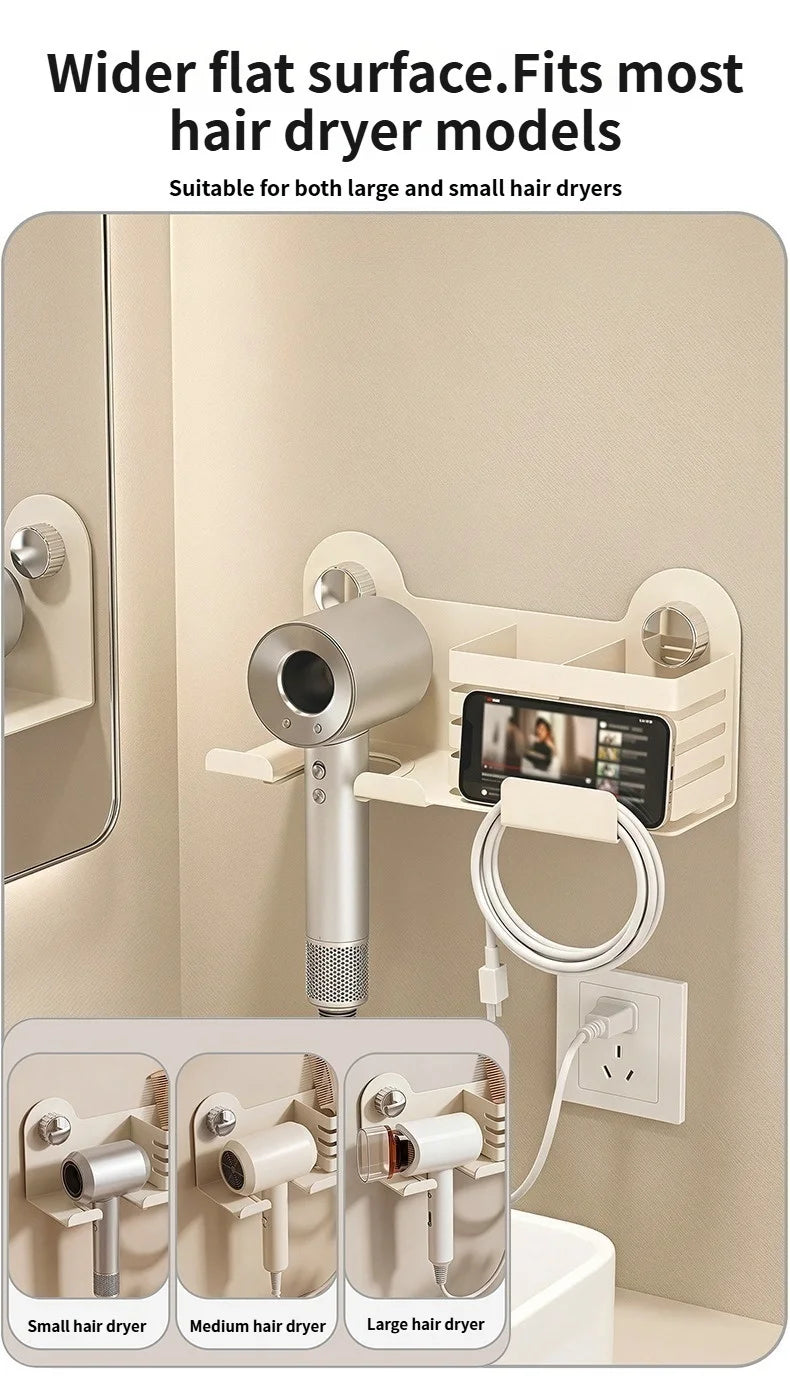 Strong Vacuum Suction Cup Bathroom Storage Rack, Punch Free Wall Mount Hair Dryer Holder