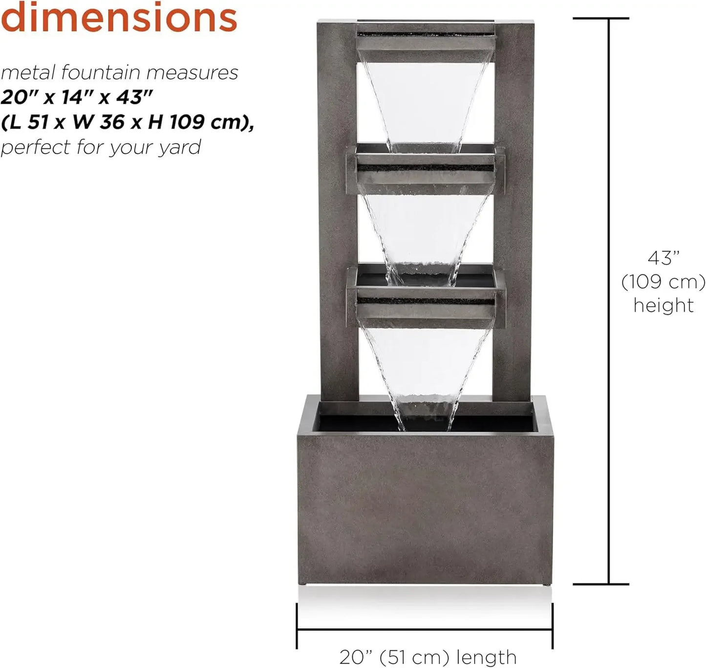 43" Tall Multi-Tier Waterfall Fountain - Industrial Style Water Feature for Garden, Patio, Yard, Backyard, Relaxing Water Flow,