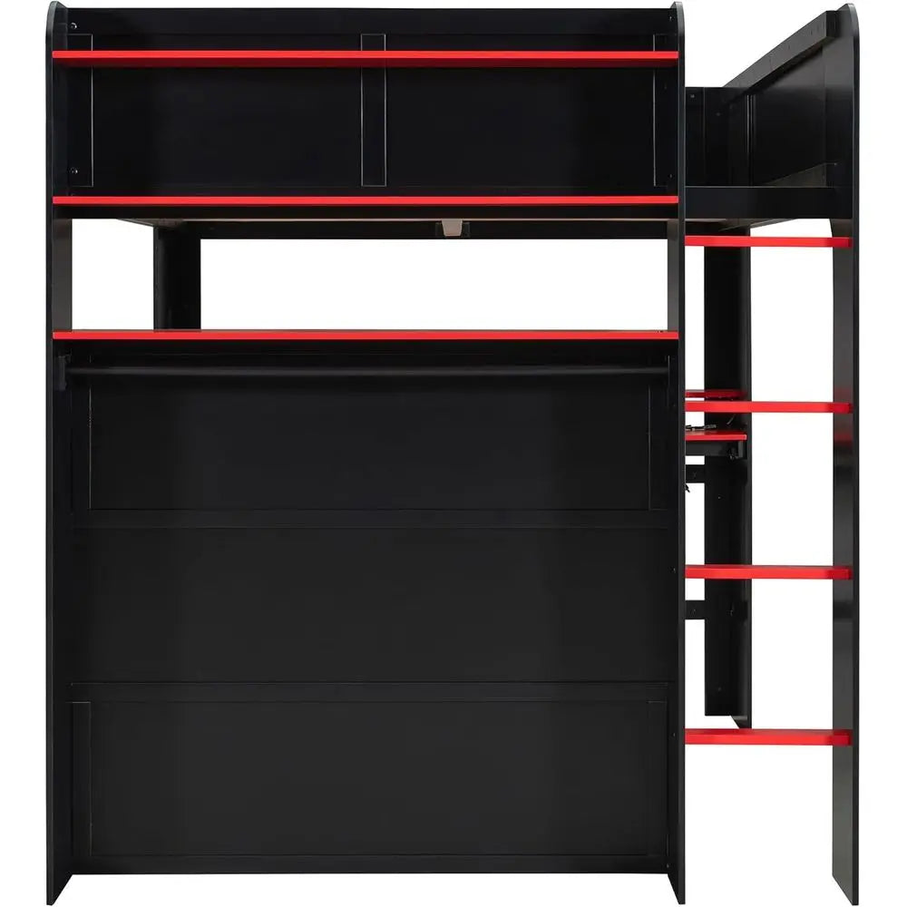 ull Size Gamer Lot Bed with Height-Adjustable Desk,Wardrobe,Ample Storage Space,and RGB Light, Wooden Bunk Bed or Gaming Setup (
