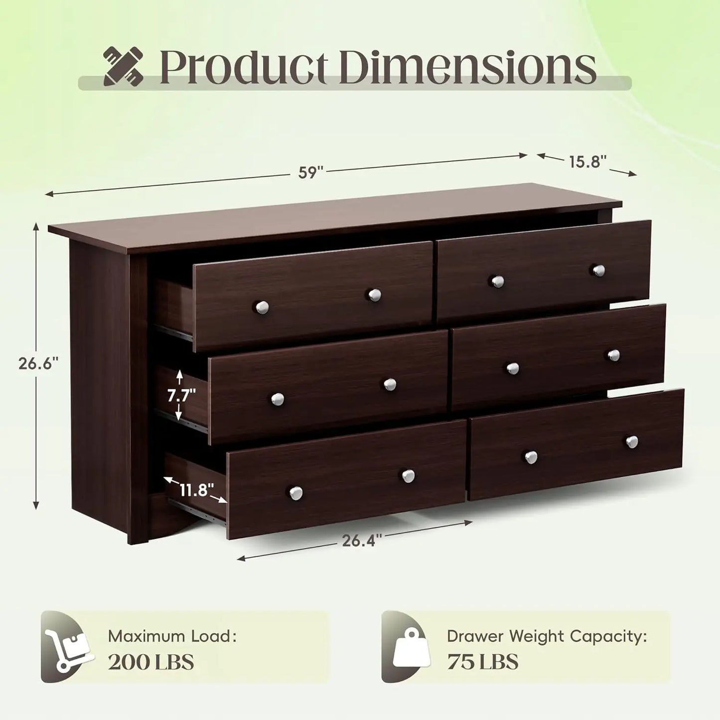 6 Drawer Wood Dresser Wide Storage Tower Modern Bedroom Living Room Hallway Entryway Dark Brown, Customized
