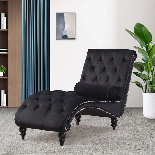 Velvet Tufted Chaise Lounge Chair With Pillow For Living