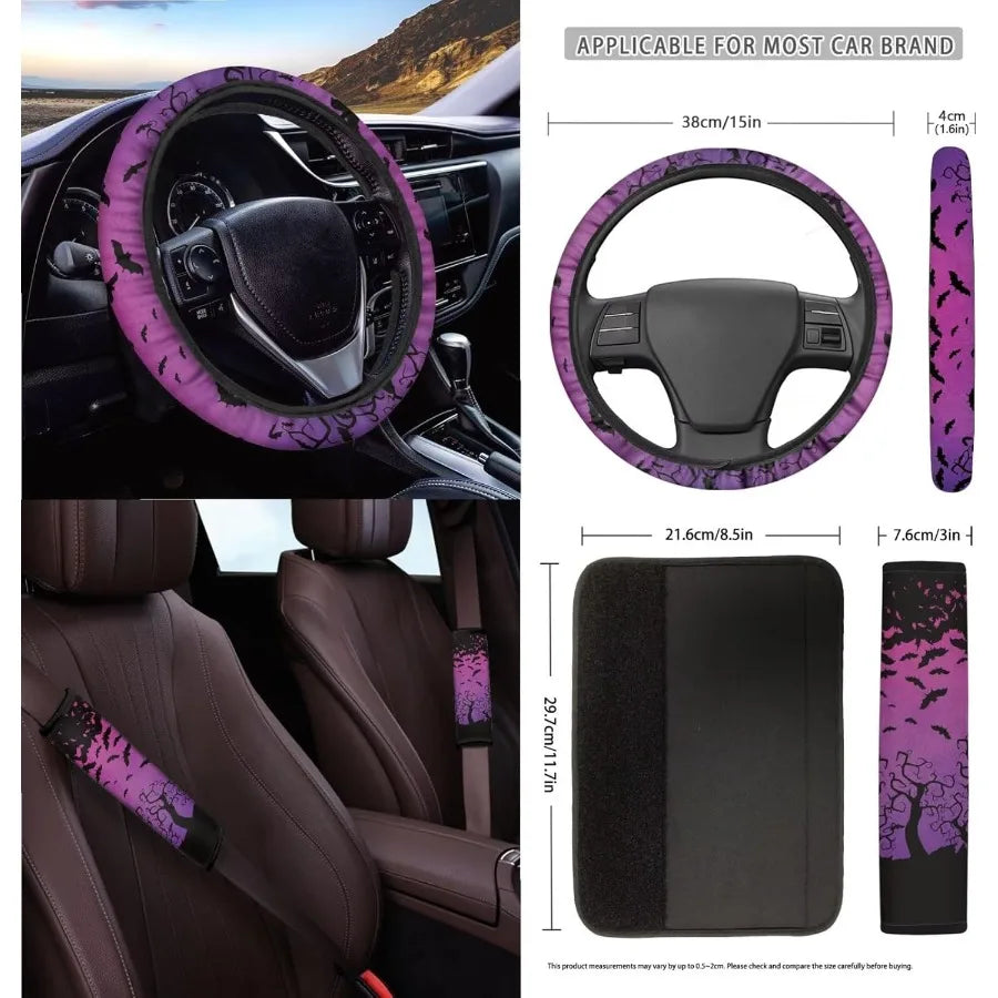 Purple Bat Print 15Pcs Car Seat Covers Full Set High Back Bucket Seat Covers with Steering Wheel Cover Safety Belt Pads Inside