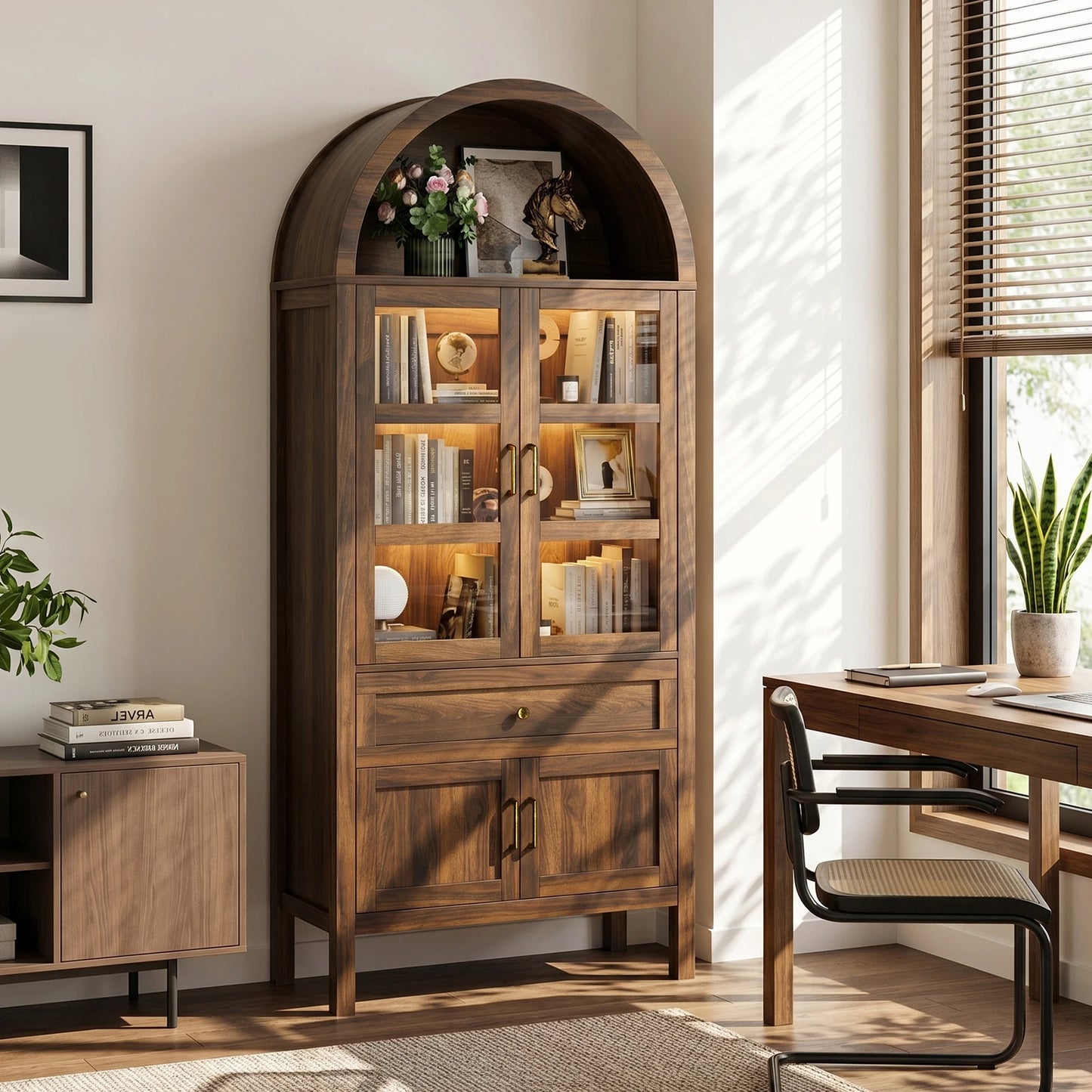 71 Inch Tall Full Wood Arched Storage Cabinet Adjustable Shelves Bookcase with Dimmable LED Lights for Living Room Bedroom