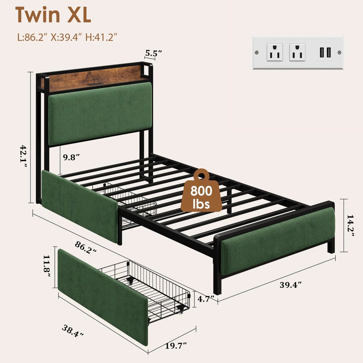 Mid Century Modern Platform Bed Frame With Charging Station