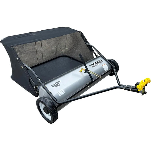 42-Inch Tow-Behind Lawn Sweeper, 10" Nylon Brushes, Universal Tractor/ATV Hitch, Never-Flat Wheels, Adjustable Height, 1-Year Wa