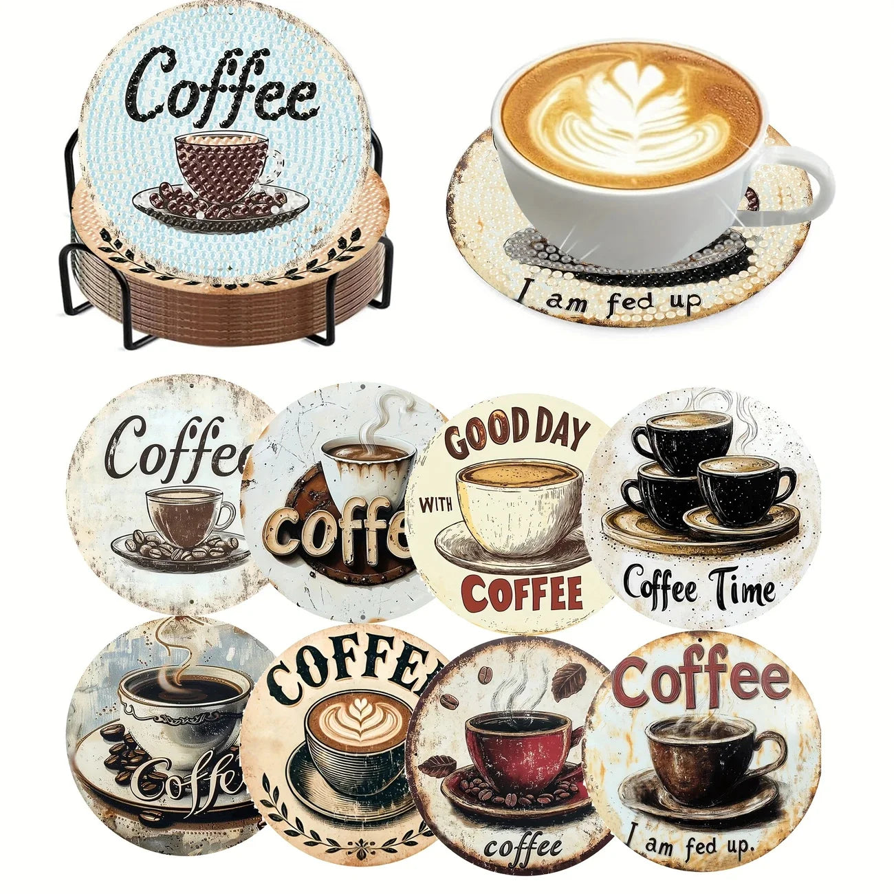8 pieces/set of dog, beach, lighthouse pattern diamond painted coaster set, sparkling rhinestone heat-resistant beverage mat wit
