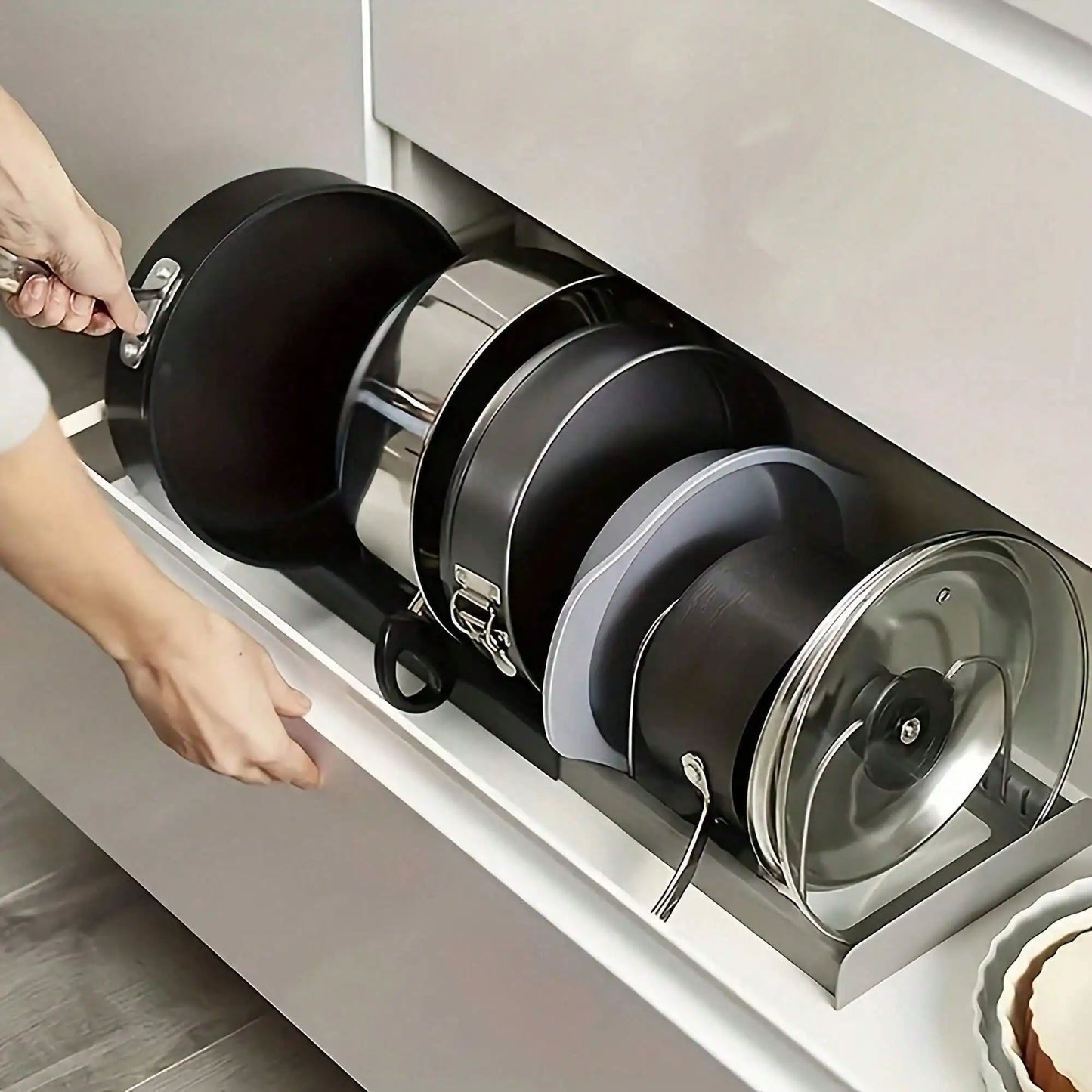 Pull-Out Pot And Pan Organizer, Kitchen Cabinet Drawer With 10 Adjustable Dividers, Easy Assembly, Pasting Fixed, No Drilling, Large Capacity, Heavy Duty, Expandable Length Between 16.93-23.23 Inches, Perfect Mother's Day Gif