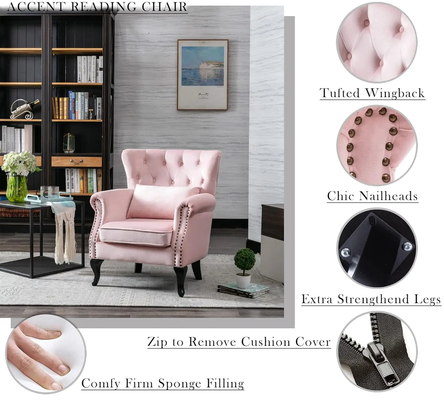 Mid Century Modern Accent Chair Upholstered Armchair Comfy Velvet Fabric Single Sofa with Tufted Wingback for Small, Customized