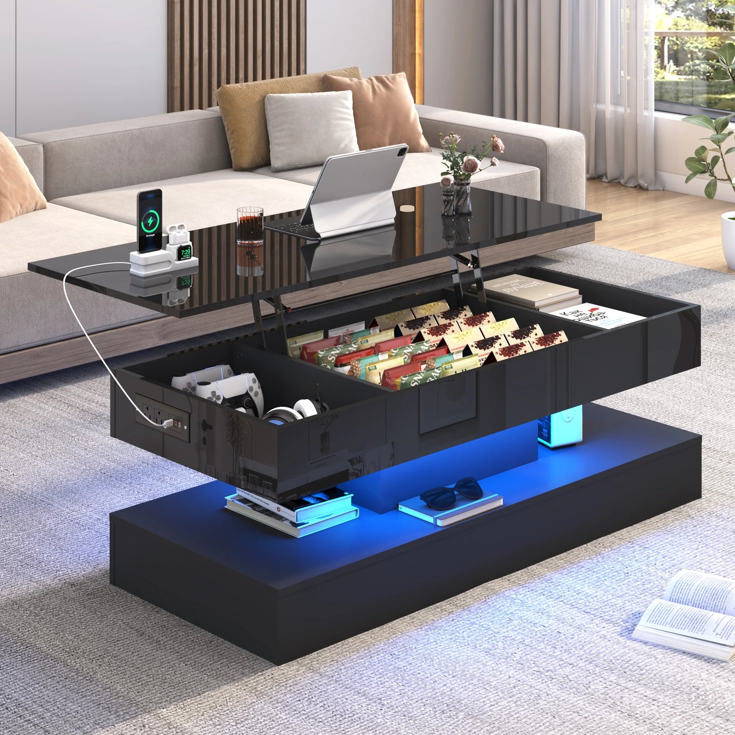 LED Coffee Table With Open Display Shelf And Storage