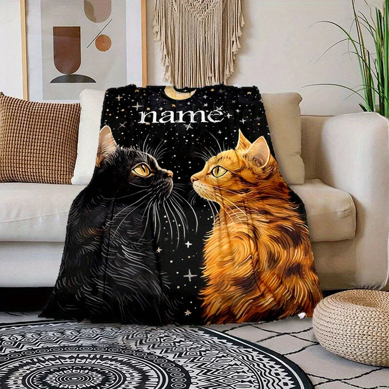 A personalized polyester flannel blanket with customizable names, featuring black and orange cats, thick weaving, all season sof