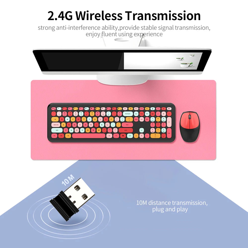 Keyboard Mouse Combo Wireless 2.4G Mixed Color 110 Key Keyboard Mouse Set with Round Punk Keycaps for Girl Purple