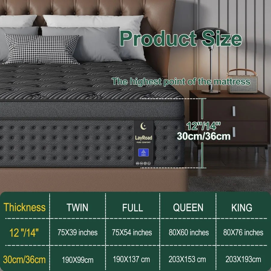 LayRoad 12/14Inch Memory Foam Spring Mattress Single/Double/Queen/King Sizes Boxed Mattress Medium Firmness Pressure Relief