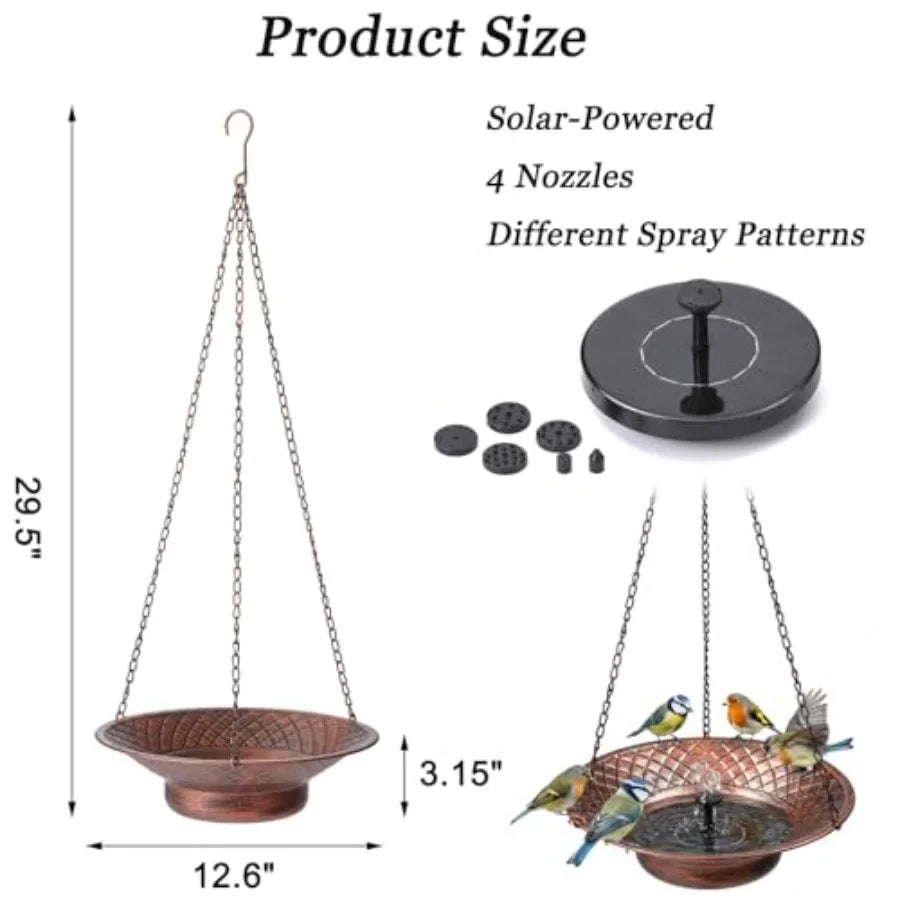 12.6" Hanging Solar Bird Bath Birdbath Fountain Solar Power Metal Bird Bath for Outside Hanging Hanging Bird Fountain for Garde
